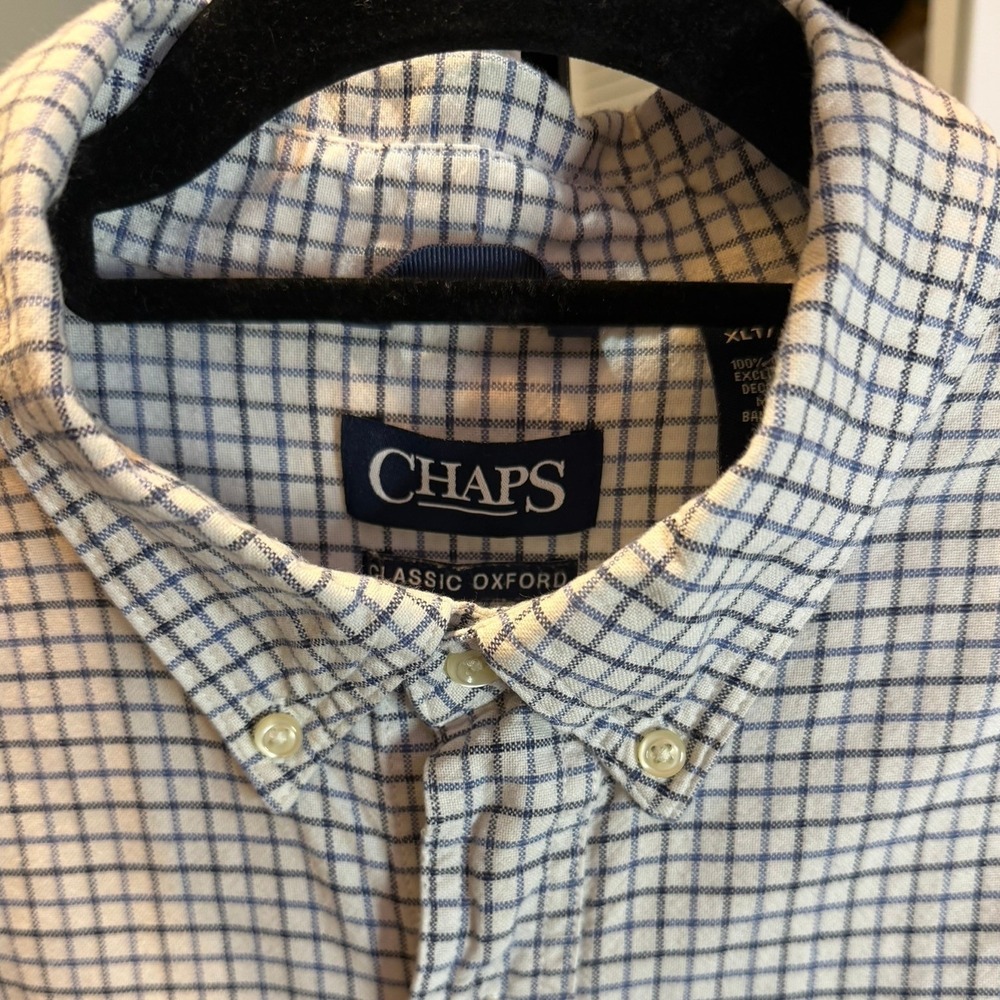Chaps Button Down Shirt Mens XLT Blue White Grid Classic Oxford Long Sleeve